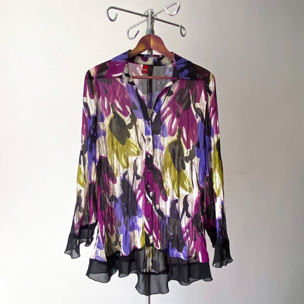 ☀️ 90s Vintage Sheer Button Down Shirt – Abstract Purple Green Black / Size S-M